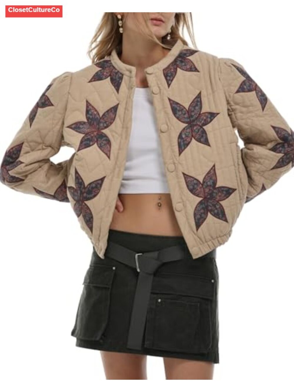 Women Floral Embroidered Quilted Jacket Winter Coat